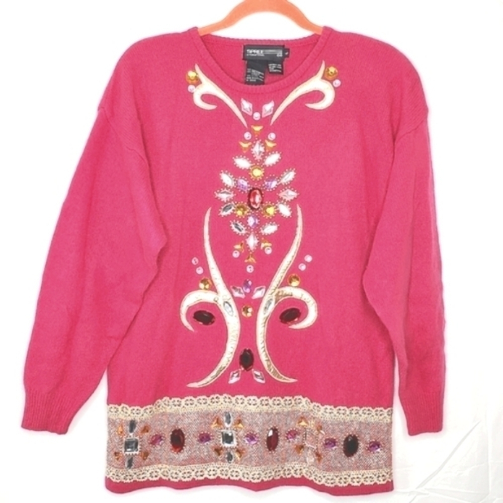 Vintage Lambs Wool Angora Sweater Size L Ornate Beaded Pink Spree‎ International
